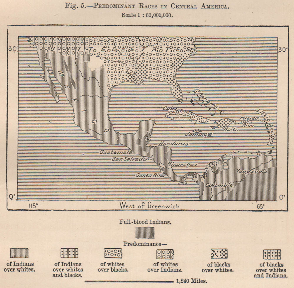 Predominant races in Central America 1885 old antique vintage map plan chart